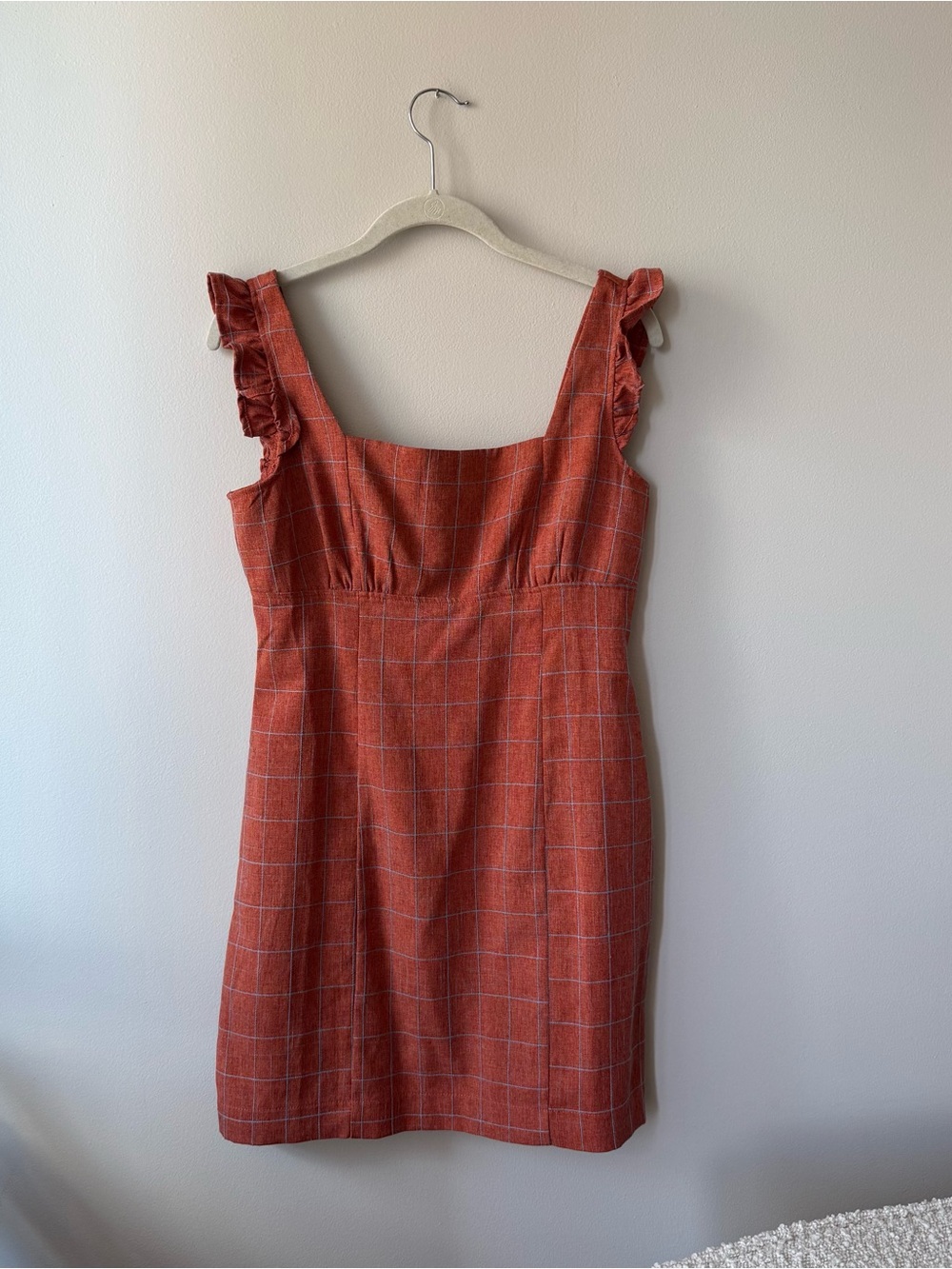 M | Rust Plaid Ruffle Strap Dress - Women